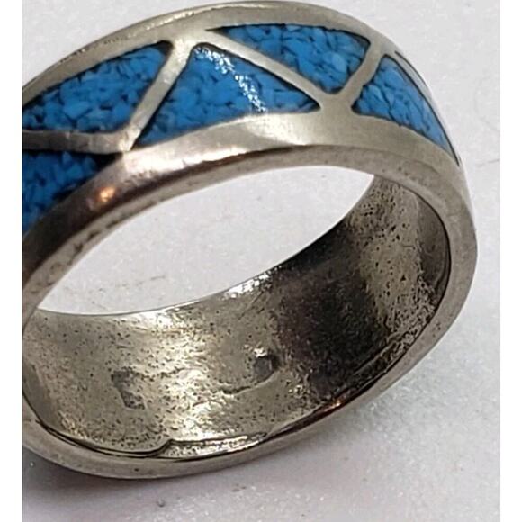 Navajo Southwestern Turquoise Chip Inlay 935 Sterling Silver Ring Size 5.5 - Picture 4 of 6